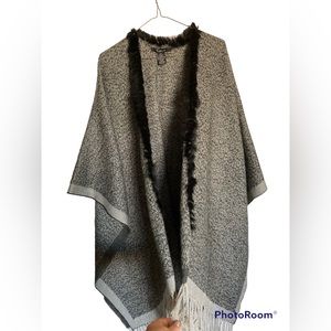 Cejon Grey Poncho Cape with Fringes, 100% Rabbit Hair Black Trim